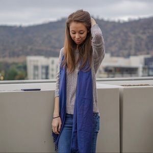 La Fiorentina Navy Blue Silk & Wool Fringe Scarf
